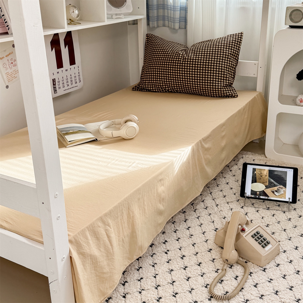 91家纺网 家纺一手货源 找家纺 多品家纺 2025新款水洗棉学生宿舍上下铺大礼包三件套六件套 黑小格杏黄