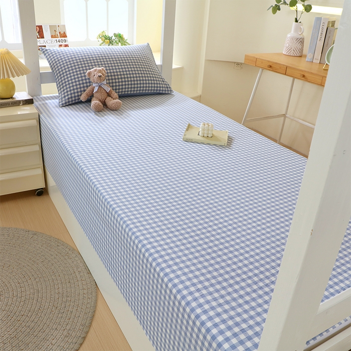 91家纺网 家纺一手货源 找家纺 春皖家纺 2025新款学生季全棉纯棉色织AB版水洗棉单品系列-单床单 床单单件 素雅-蓝小格