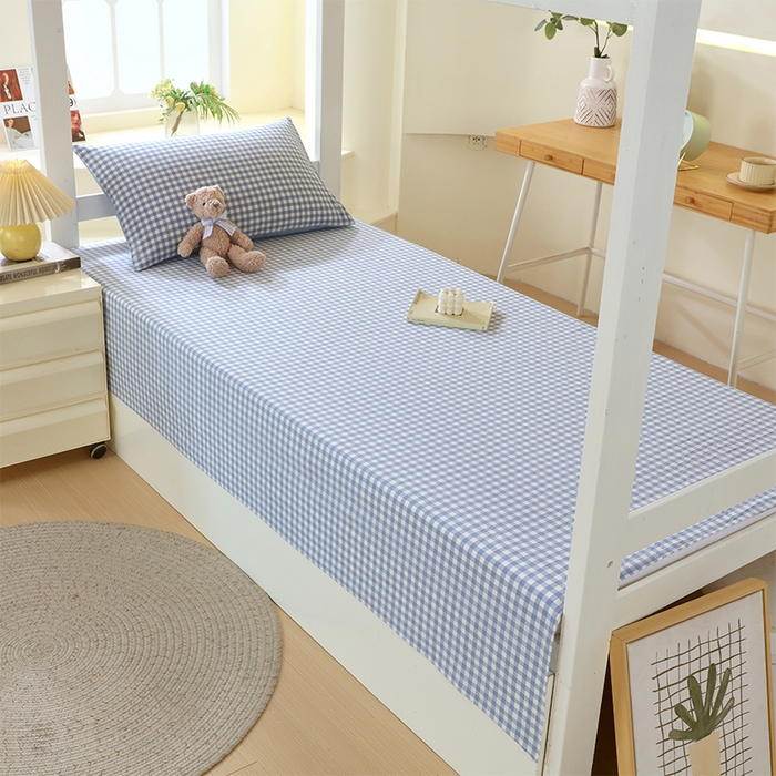 91家纺网 家纺一手货源 找家纺 春皖家纺 2025新款学生季全棉纯棉色织AB版水洗棉单品系列-单床单 床单单件 素雅-蓝小格