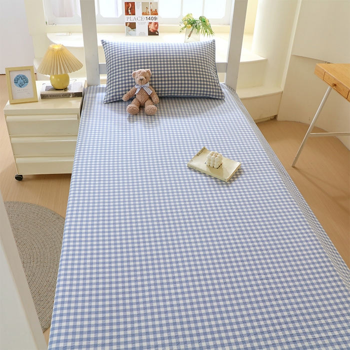 91家纺网 家纺一手货源 找家纺 春皖家纺 2025新款学生季全棉纯棉色织AB版水洗棉单品系列-单床单 床单单件 素雅-蓝小格