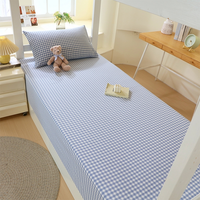 91家纺网 家纺一手货源 找家纺 春皖家纺 2025新款学生季全棉纯棉色织AB版水洗棉单品系列-单床单 床单单件 素雅-蓝小格