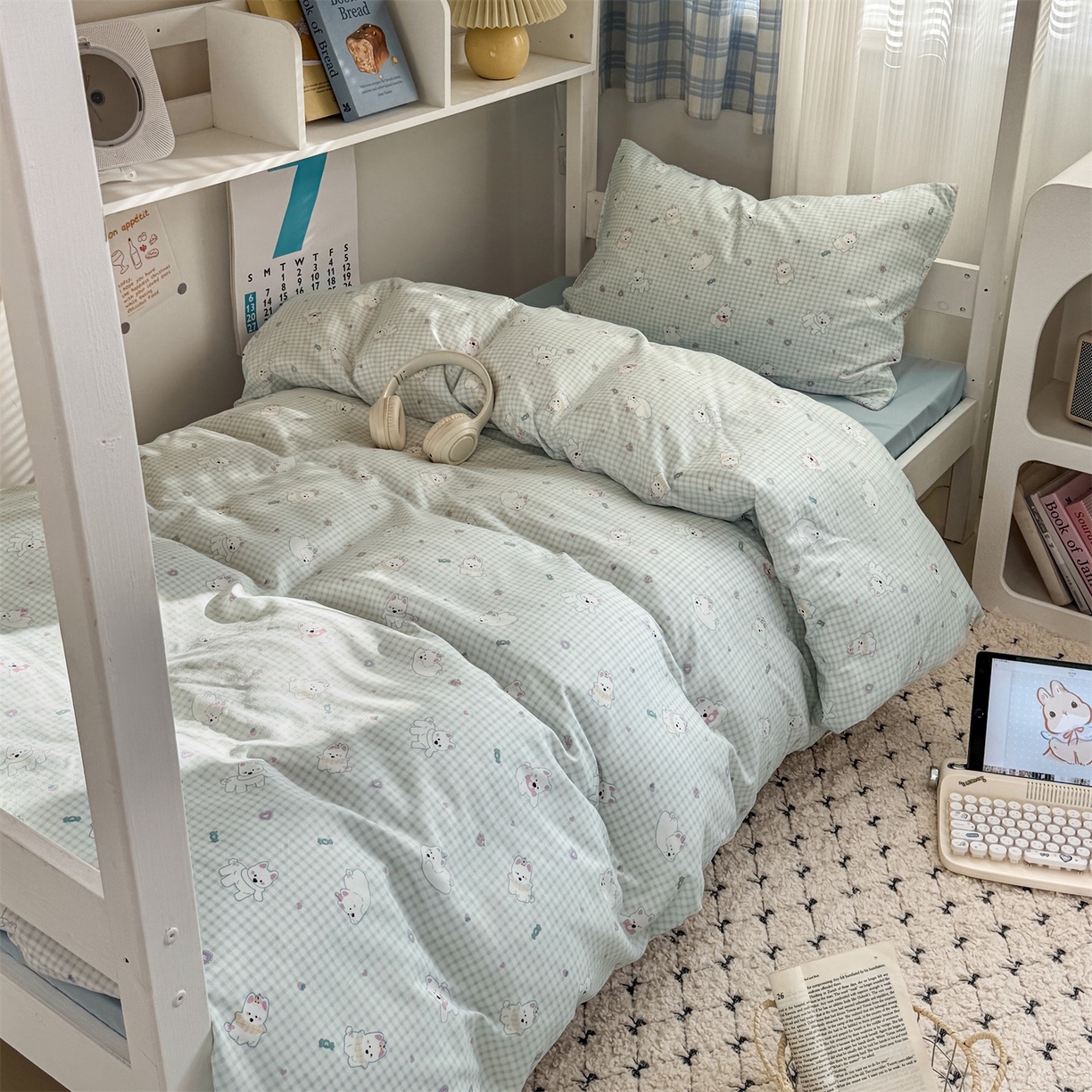 91家纺网 家纺一手货源 找家纺 多品家纺 2025新款水洗棉学生宿舍上下铺大礼包三件套六件套 可可狗