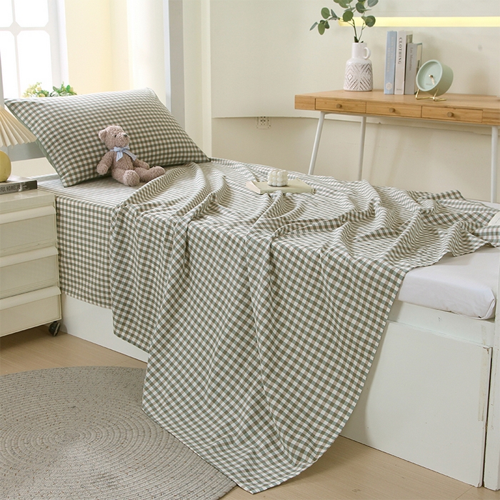 91家纺网 家纺一手货源 找家纺 春皖家纺 2025新款学生季全棉纯棉色织AB版水洗棉单品系列-单床单 床单单件 素雅-绿格