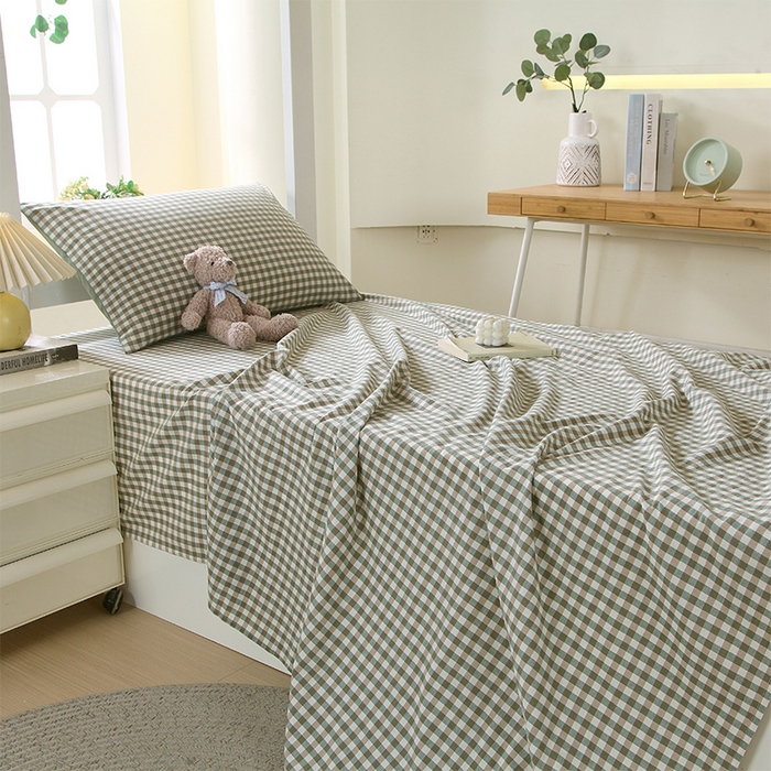 91家纺网 家纺一手货源 找家纺 春皖家纺 2025新款学生季全棉纯棉色织AB版水洗棉单品系列-单床单 床单单件 素雅-绿格