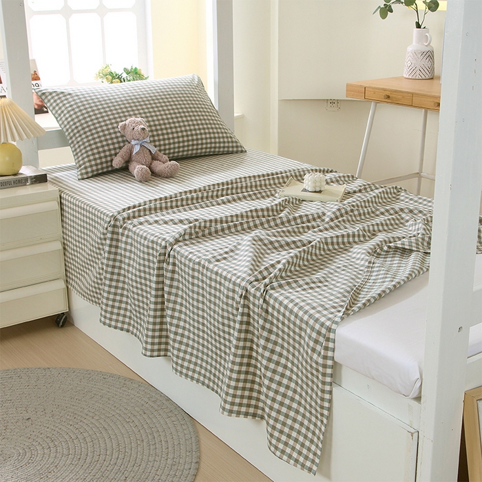 91家纺网 家纺一手货源 找家纺 春皖家纺 2025新款学生季全棉纯棉色织AB版水洗棉单品系列-单床单 床单单件 素雅-绿格