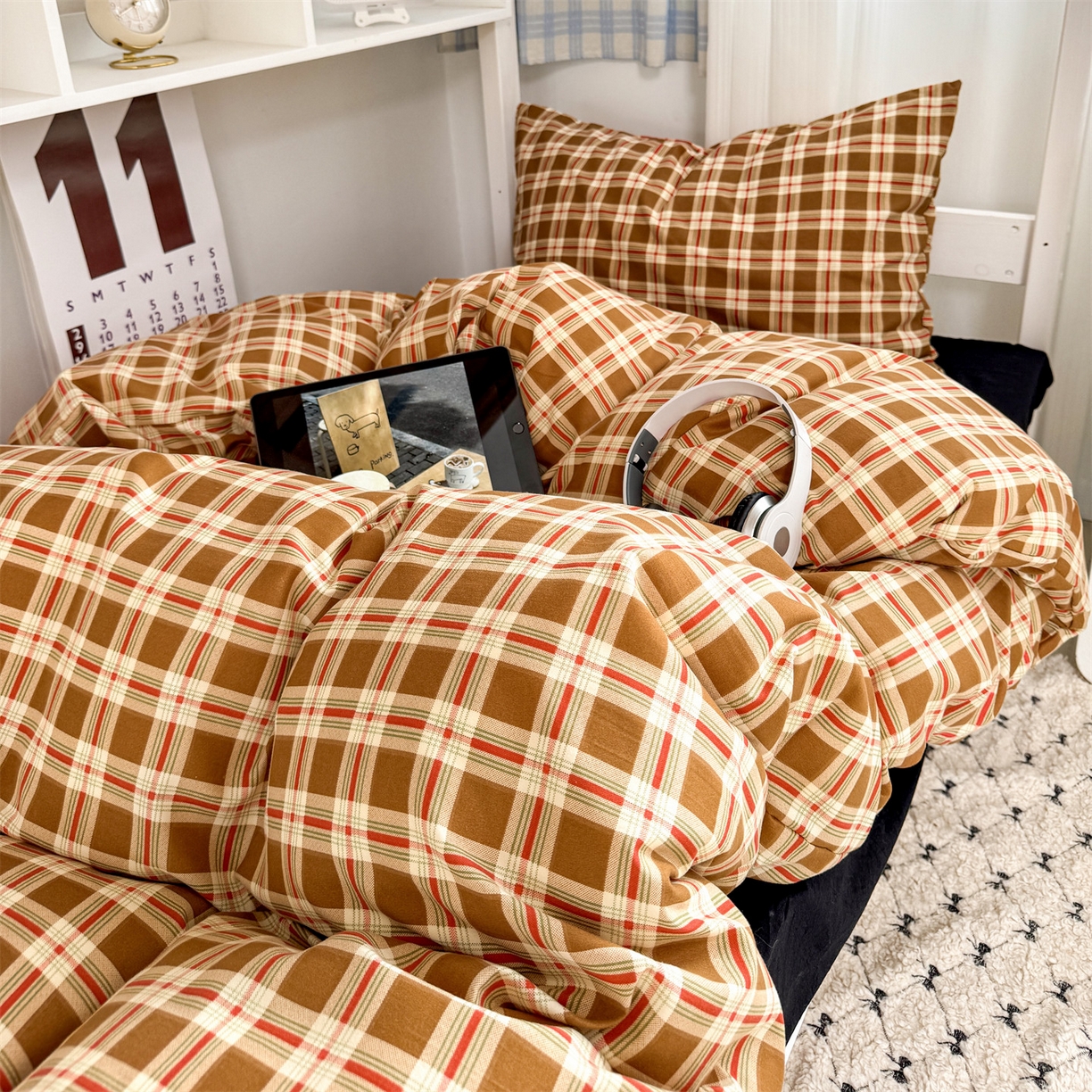 91家纺网 家纺一手货源 找家纺 多品家纺 2025新款水洗棉学生宿舍上下铺大礼包三件套六件套 时光黑