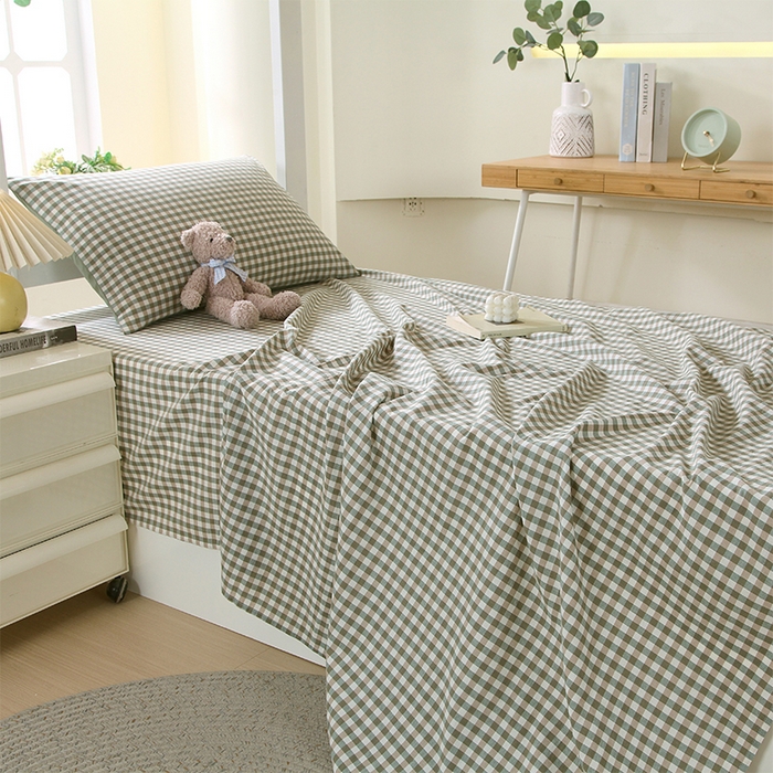 91家纺网 家纺一手货源 找家纺 春皖家纺 2025新款学生季全棉纯棉色织AB版水洗棉单品系列-单床单 床单单件 素雅-绿格