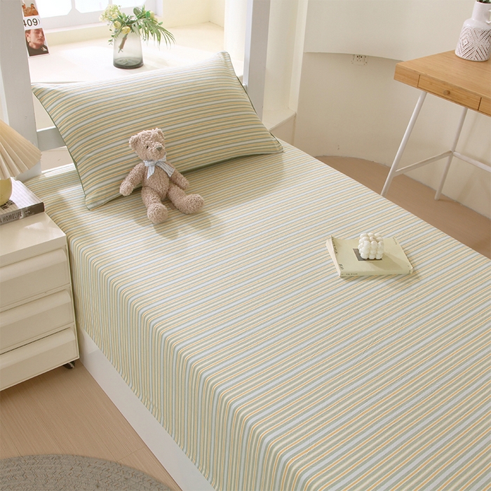 91家纺网 家纺一手货源 找家纺 春皖家纺 2025新款学生季全棉纯棉色织AB版水洗棉单品系列-单床单 床单单件 素雅-绿条