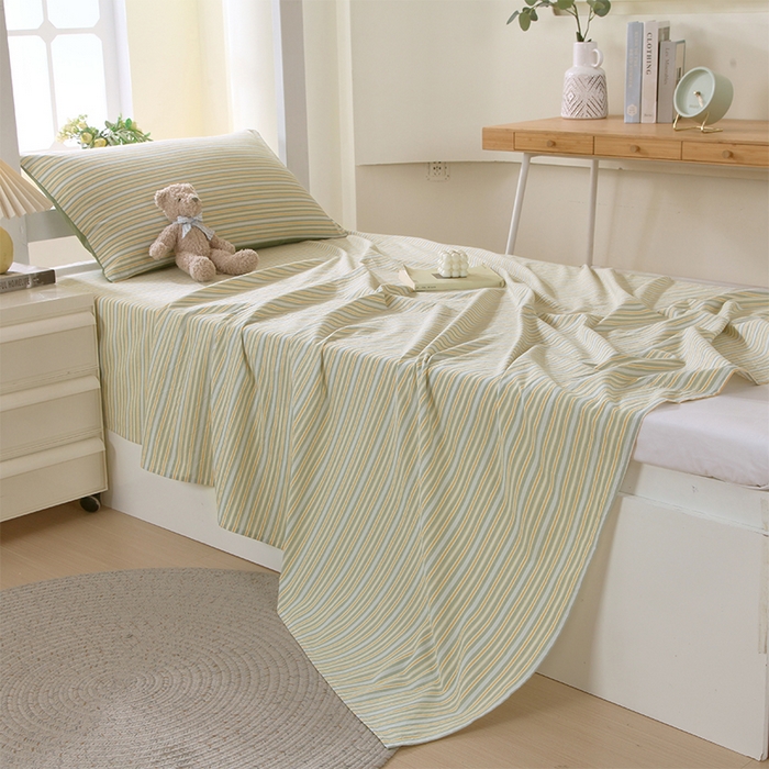 91家纺网 家纺一手货源 找家纺 春皖家纺 2025新款学生季全棉纯棉色织AB版水洗棉单品系列-单床单 床单单件 素雅-绿条