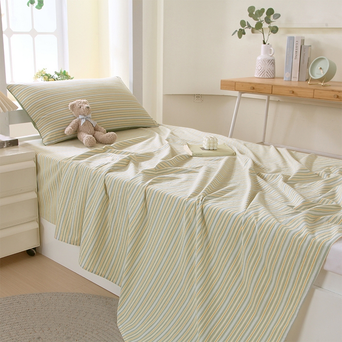 91家纺网 家纺一手货源 找家纺 春皖家纺 2025新款学生季全棉纯棉色织AB版水洗棉单品系列-单床单 床单单件 素雅-绿条