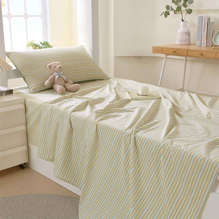 91家纺网 家纺一手货源 找家纺 春皖家纺 2025新款学生季全棉纯棉色织AB版水洗棉单品系列-单床单 床单单件 素雅-绿条