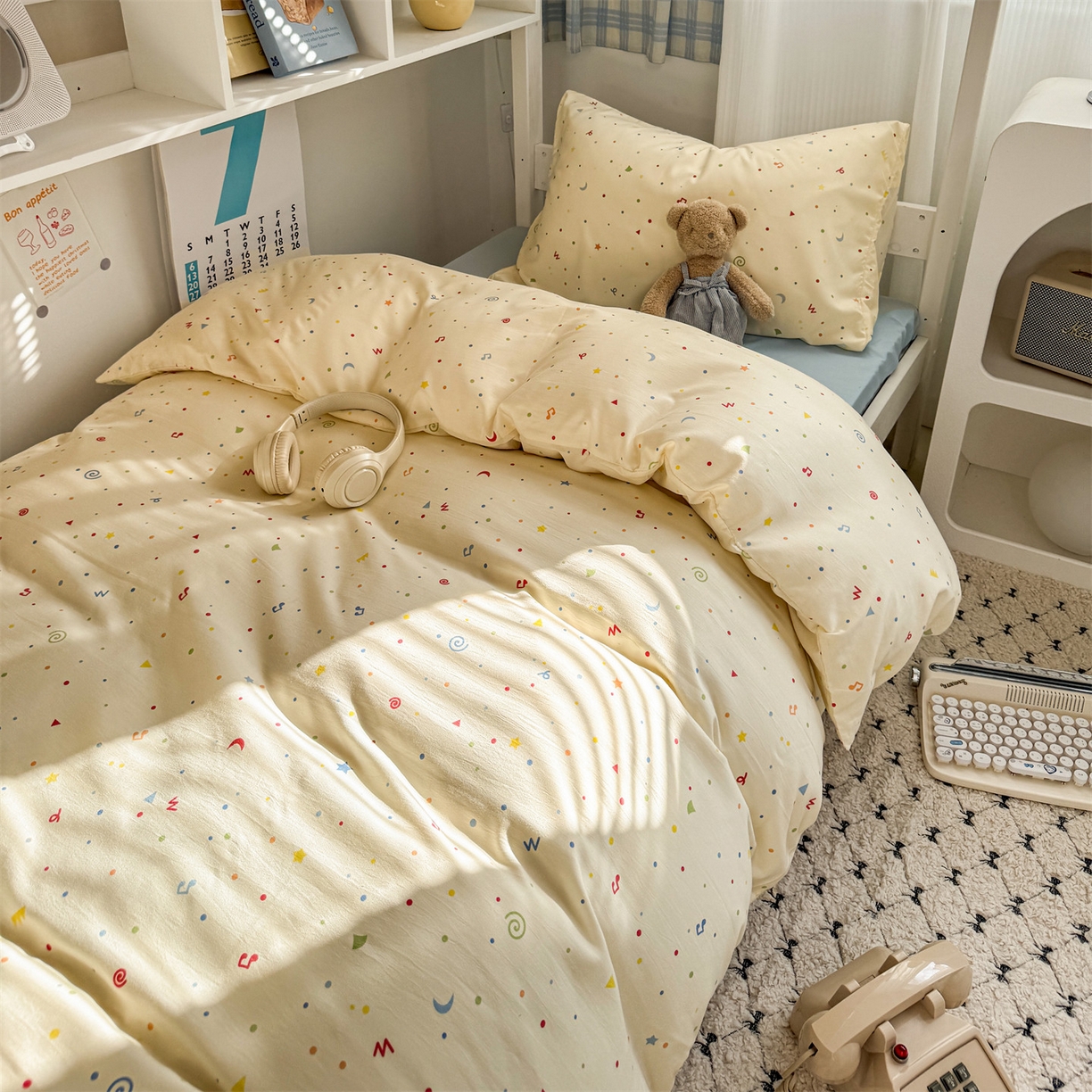 91家纺网 家纺一手货源 找家纺 多品家纺 2025新款水洗棉学生宿舍上下铺大礼包三件套六件套 芝士黄