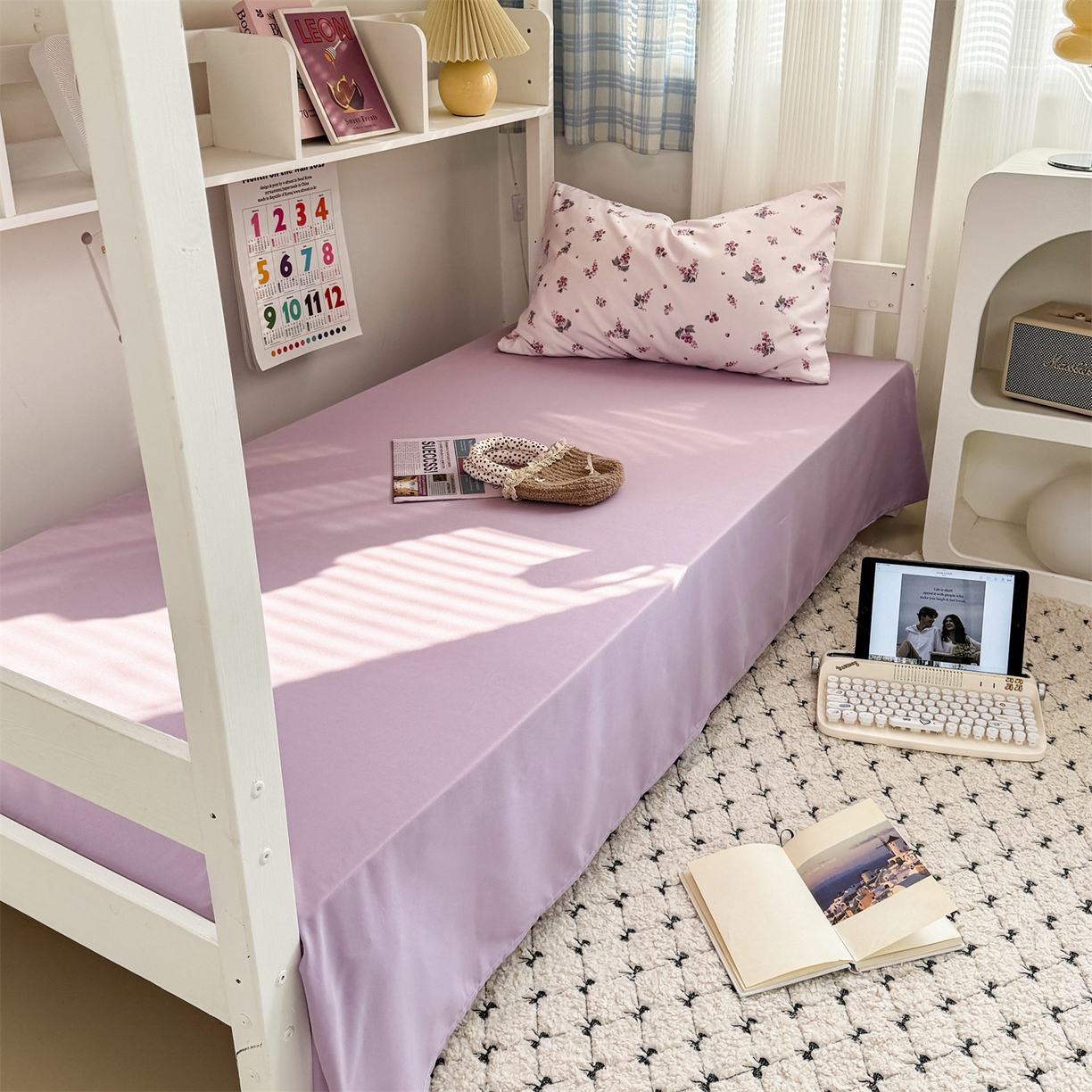 91家纺网 家纺一手货源 找家纺 多品家纺 2025新款水洗棉学生宿舍上下铺大礼包三件套六件套 紫葡萄