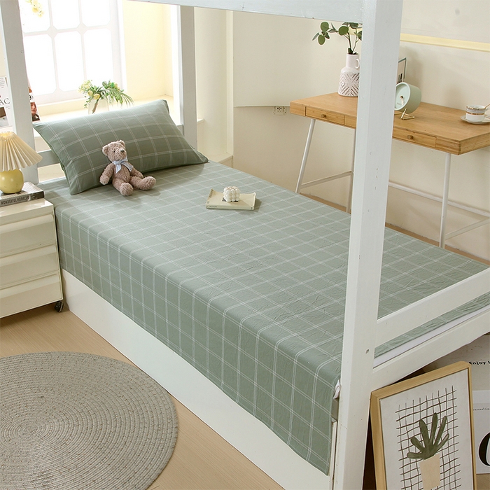 91家纺网 家纺一手货源 找家纺 春皖家纺 2025新款学生季全棉纯棉色织AB版水洗棉单品系列-单床单 床单单件 素雅-韵绿