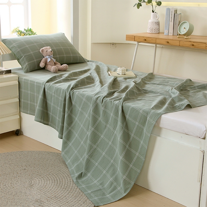 91家纺网 家纺一手货源 找家纺 春皖家纺 2025新款学生季全棉纯棉色织AB版水洗棉单品系列-单床单 床单单件 素雅-韵绿