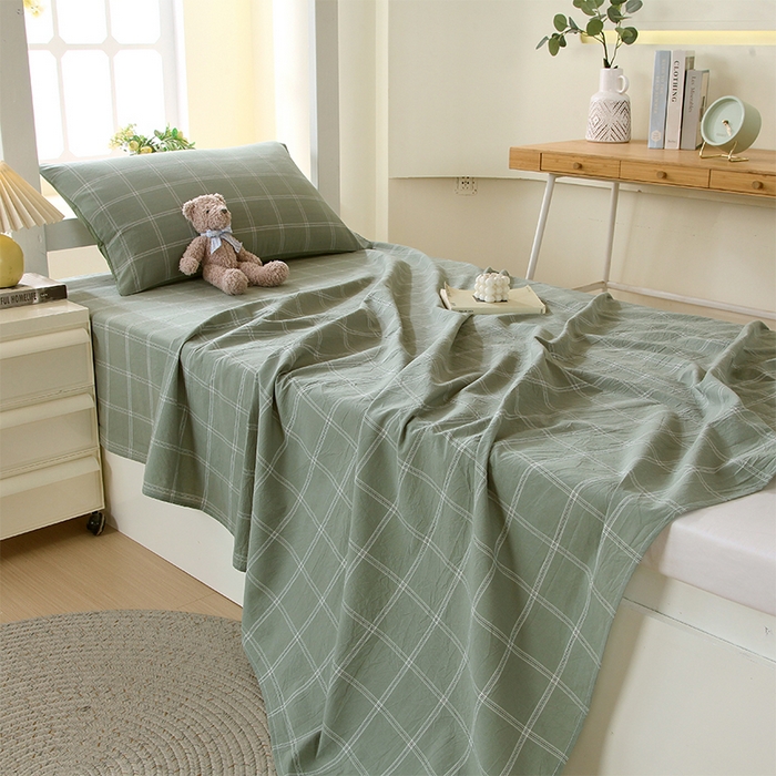 91家纺网 家纺一手货源 找家纺 春皖家纺 2025新款学生季全棉纯棉色织AB版水洗棉单品系列-单床单 床单单件 素雅-韵绿