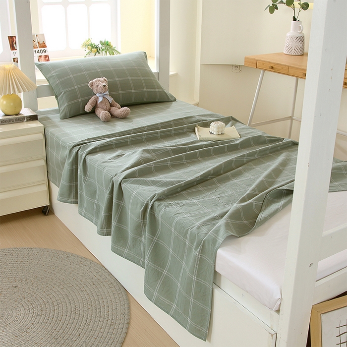 91家纺网 家纺一手货源 找家纺 春皖家纺 2025新款学生季全棉纯棉色织AB版水洗棉单品系列-单床单 床单单件 素雅-韵绿