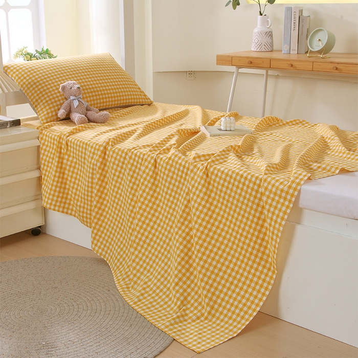 91家纺网 家纺一手货源 找家纺 春皖家纺 2025新款学生季全棉纯棉色织AB版水洗棉单品系列-单床单 床单单件 朱羽-黄格