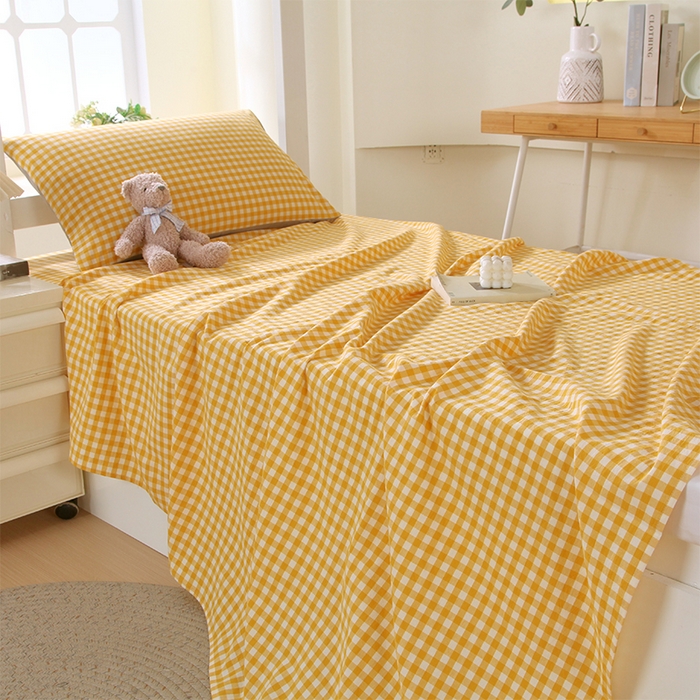 91家纺网 家纺一手货源 找家纺 春皖家纺 2025新款学生季全棉纯棉色织AB版水洗棉单品系列-单床单 床单单件 朱羽-黄格