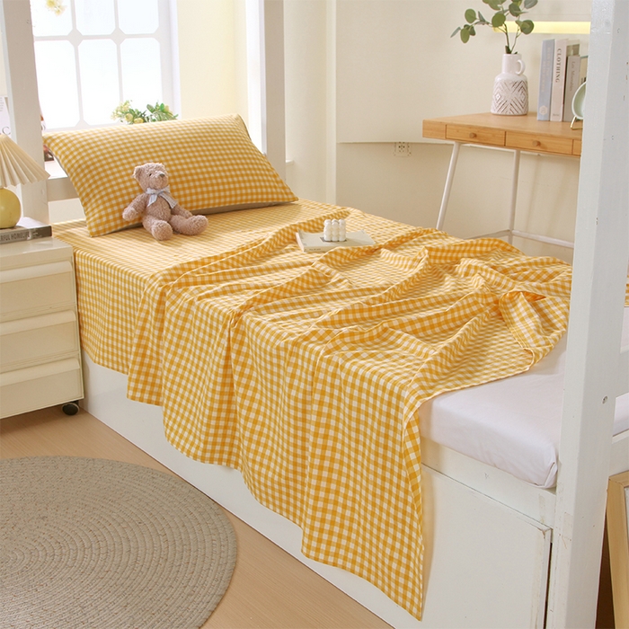 91家纺网 家纺一手货源 找家纺 春皖家纺 2025新款学生季全棉纯棉色织AB版水洗棉单品系列-单床单 床单单件 朱羽-黄格