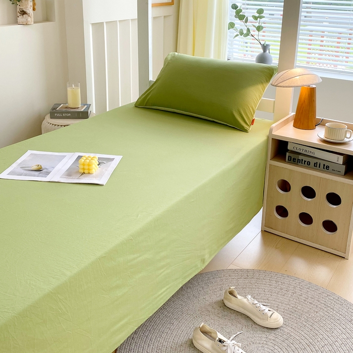 91家纺网 家纺一手货源 找家纺 春皖家纺 2025新款学生季A类双拼水洗棉小清新单品系列床单单件-单床单 素雅果绿