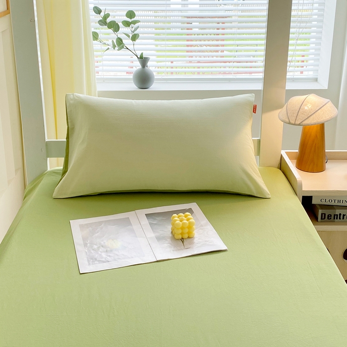 91家纺网 家纺一手货源 找家纺 春皖家纺 2025新款学生季A类双拼水洗棉小清新单品系列床单单件-单床单 素雅果绿