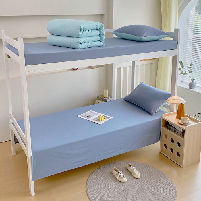 91家纺网 家纺一手货源 找家纺 春皖家纺 2025新款学生季A类双拼水洗棉小清新单品系列床单单件-单床单 素雅幻蓝