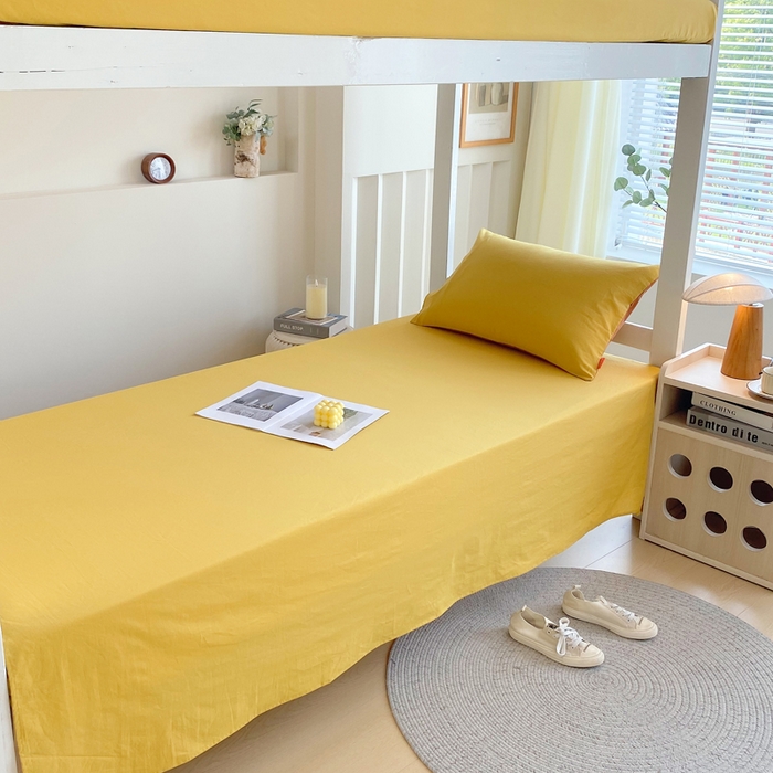 91家纺网 家纺一手货源 找家纺 春皖家纺 2025新款学生季A类双拼水洗棉小清新单品系列床单单件-单床单 素雅深黄