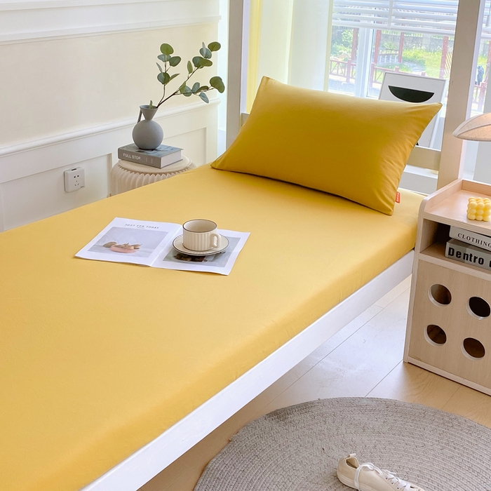 91家纺网 家纺一手货源 找家纺 春皖家纺 2025新款双拼A类水洗棉系列-单床笠 素雅深黄