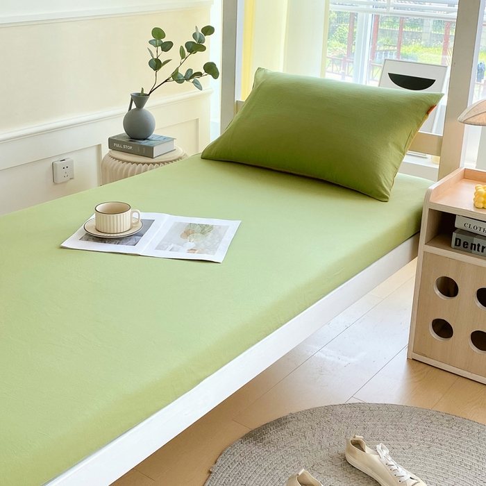 91家纺网 家纺一手货源 找家纺 春皖家纺 2025新款双拼A类水洗棉系列-单床笠 素雅果绿