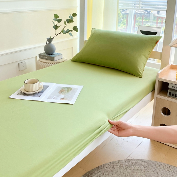 91家纺网 家纺一手货源 找家纺 春皖家纺 2025新款双拼A类水洗棉系列-单床笠 素雅果绿