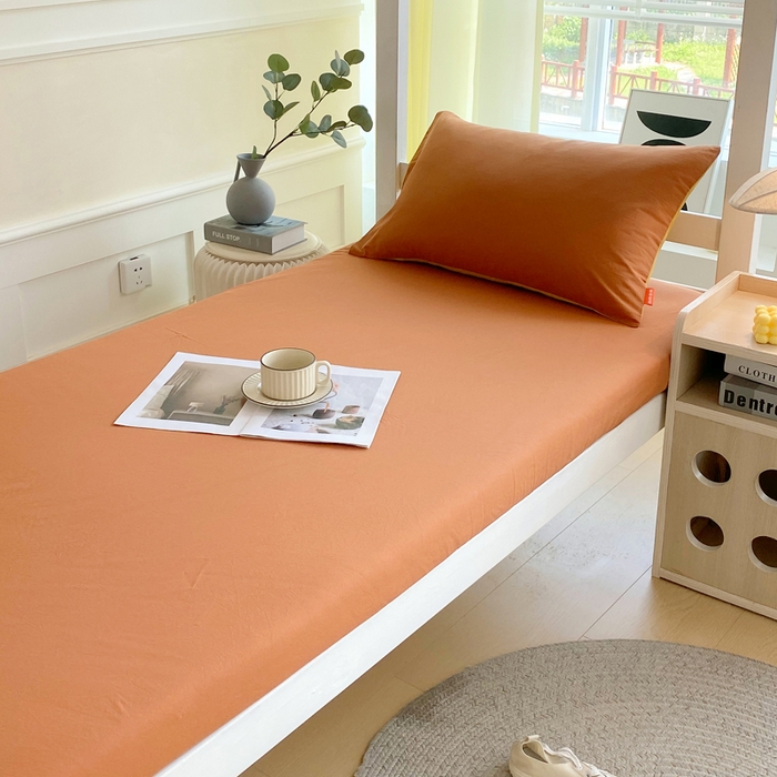 91家纺网 家纺一手货源 找家纺 春皖家纺 2025新款双拼A类水洗棉系列-单床笠 素雅焦糖