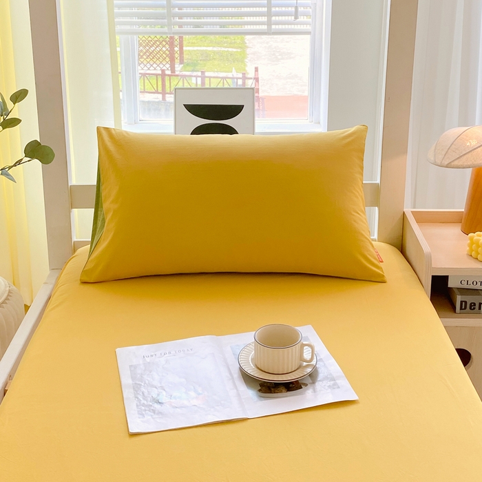 91家纺网 家纺一手货源 找家纺 春皖家纺 2025新款双拼A类水洗棉系列-单床笠 素雅深黄