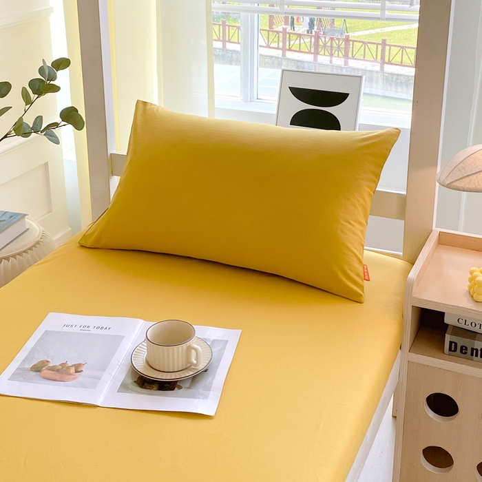 91家纺网 家纺一手货源 找家纺 春皖家纺 2025新款双拼A类水洗棉系列-单床笠 素雅深黄