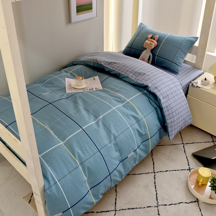 91家纺网 家纺一手货源 找家纺 水妙家纺 2025新款A类全棉学生宿舍二合一子母被海绵床垫六件套床单五件套纯棉三件套可定制 宇格-蓝