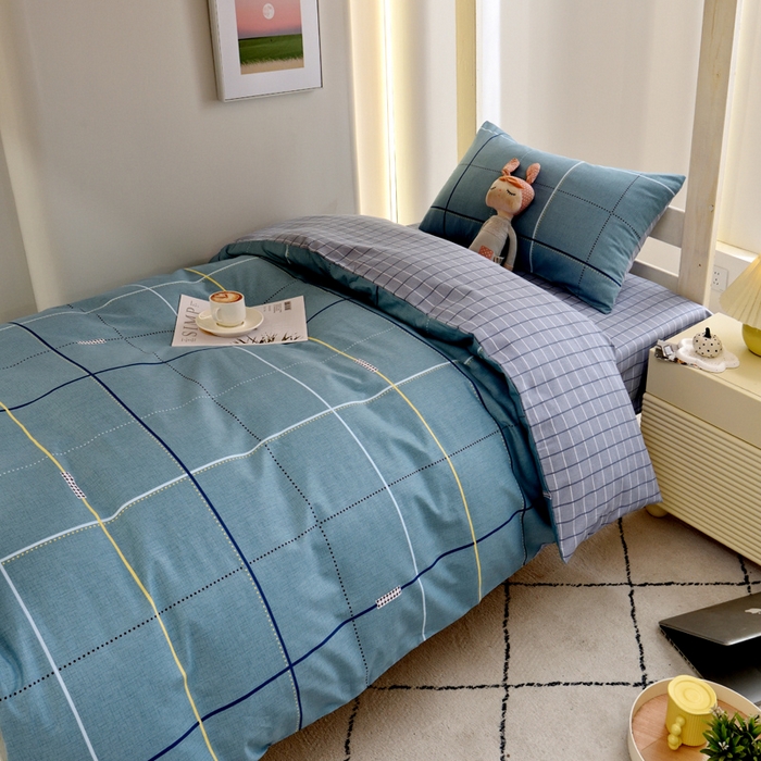 91家纺网 家纺一手货源 找家纺 水妙家纺 2025新款A类全棉学生宿舍二合一子母被海绵床垫六件套床单五件套纯棉三件套可定制 宇格-蓝