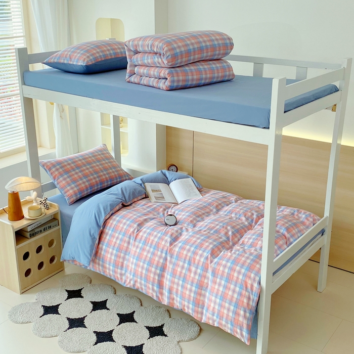 春皖家纺 2025新款AB棉全棉亲肤水洗棉学生三件套四件套 翠竹-桔格