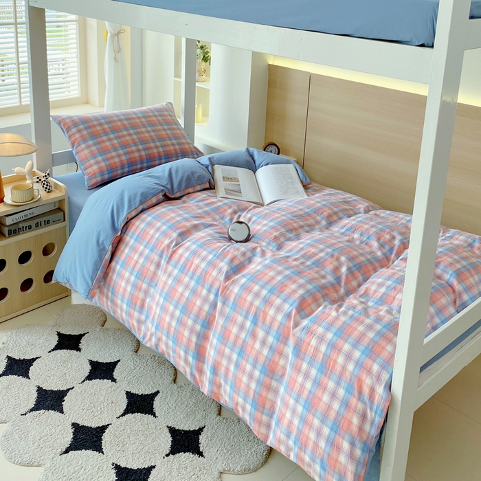 91家纺网 家纺一手货源 找家纺 春皖家纺 2025新款AB棉全棉亲肤水洗棉学生三件套四件套 翠竹-桔格