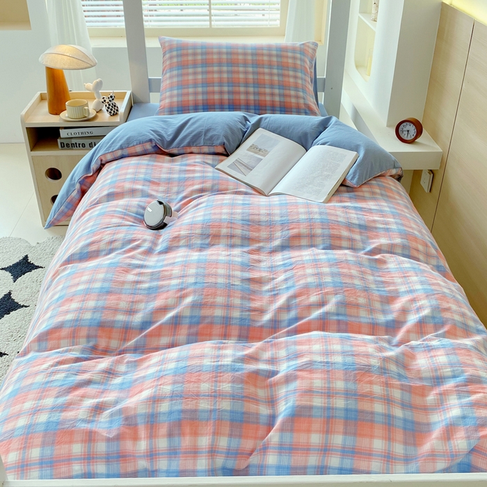 91家纺网 家纺一手货源 找家纺 春皖家纺 2025新款AB棉全棉亲肤水洗棉学生三件套四件套 翠竹-桔格