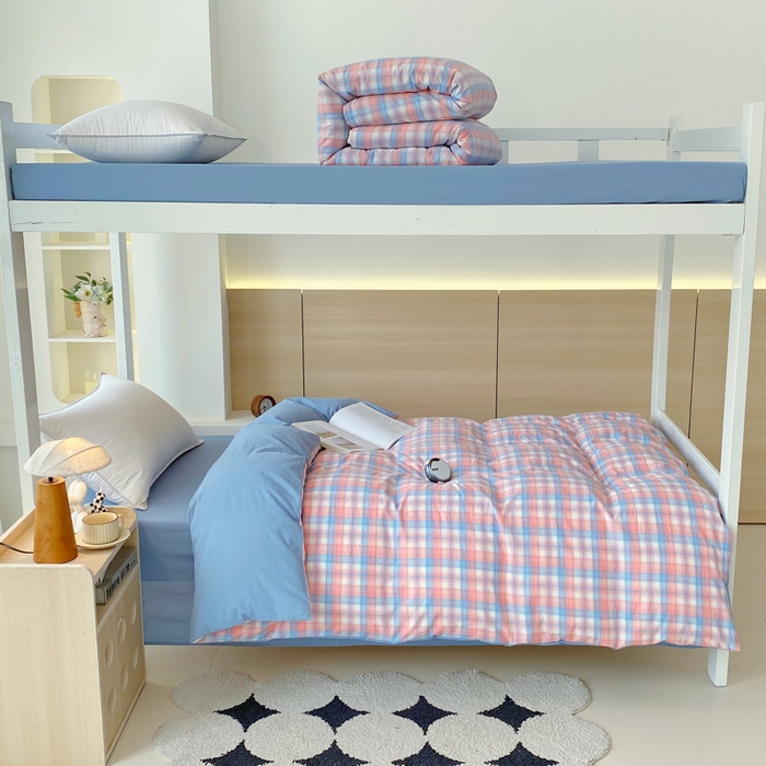 91家纺网 家纺一手货源 找家纺 春皖家纺 2025新款AB棉全棉亲肤水洗棉学生三件套四件套 翠竹-桔格