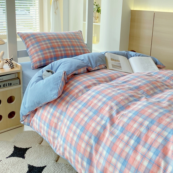 91家纺网 家纺一手货源 找家纺 春皖家纺 2025新款AB棉全棉亲肤水洗棉学生三件套四件套 翠竹-桔格