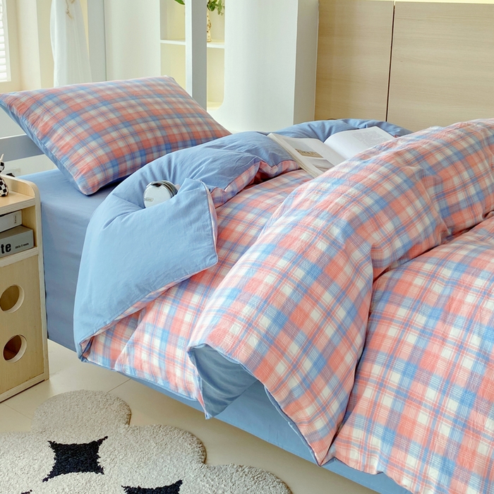 91家纺网 家纺一手货源 找家纺 春皖家纺 2025新款AB棉全棉亲肤水洗棉学生三件套四件套 翠竹-桔格