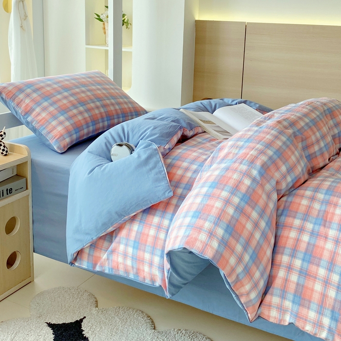 91家纺网 家纺一手货源 找家纺 春皖家纺 2025新款AB棉全棉亲肤水洗棉学生三件套四件套 翠竹-桔格