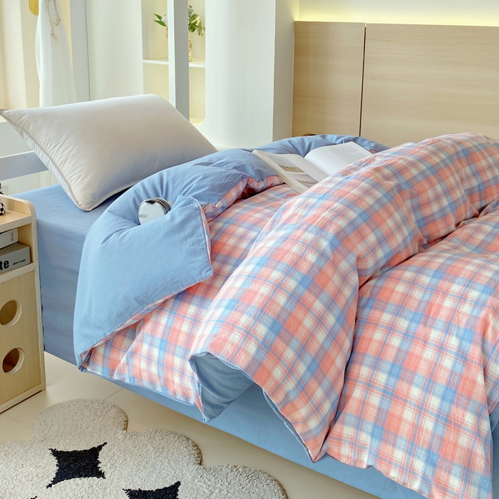 91家纺网 家纺一手货源 找家纺 春皖家纺 2025新款AB棉全棉亲肤水洗棉学生三件套四件套 翠竹-桔格