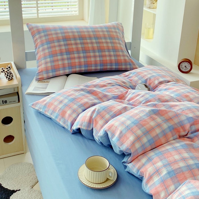 91家纺网 家纺一手货源 找家纺 春皖家纺 2025新款AB棉全棉亲肤水洗棉学生三件套四件套 翠竹-桔格