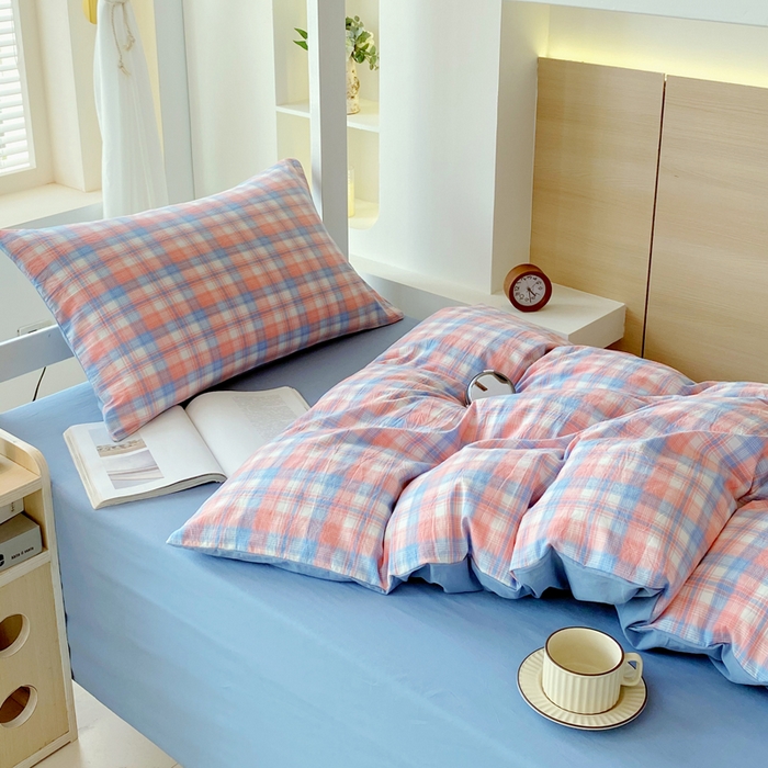 91家纺网 家纺一手货源 找家纺 春皖家纺 2025新款AB棉全棉亲肤水洗棉学生三件套四件套 翠竹-桔格