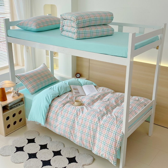 春皖家纺 2025新款AB棉全棉亲肤水洗棉学生三件套四件套 翠竹-绿格