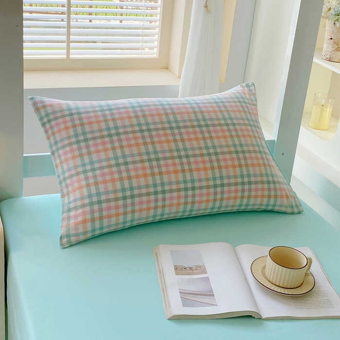 91家纺网 家纺一手货源 找家纺 春皖家纺 2025新款AB棉全棉亲肤水洗棉学生三件套四件套 翠竹-绿格