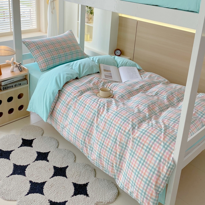 91家纺网 家纺一手货源 找家纺 春皖家纺 2025新款AB棉全棉亲肤水洗棉学生三件套四件套 翠竹-绿格