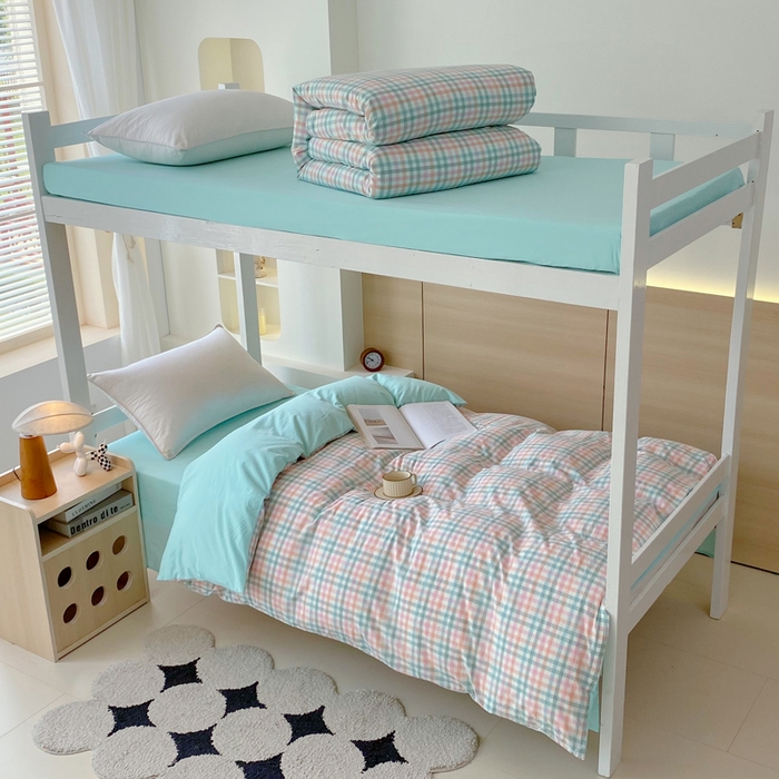 91家纺网 家纺一手货源 找家纺 春皖家纺 2025新款AB棉全棉亲肤水洗棉学生三件套四件套 翠竹-绿格